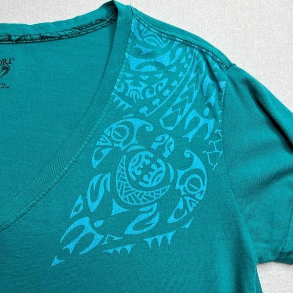 Maori Hook Womens Teal‎ V Neck Short Sleeve T-shirt Size Small - Picture 2 of 8